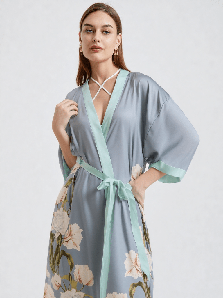 Robe De Chambre Kimono Femme En Satin Lavenderi - Longue, Avec Ceinture