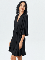 Robe de chambre personnalisé pas cher, vue portée, brodé, court, femme, kimono, leger, mrb-exclude-femme-hub, noir, personnalise, satin, été