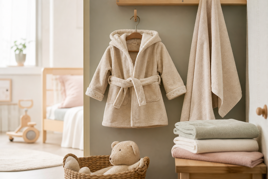Robe de chambre enfant à capuche prête après le bain