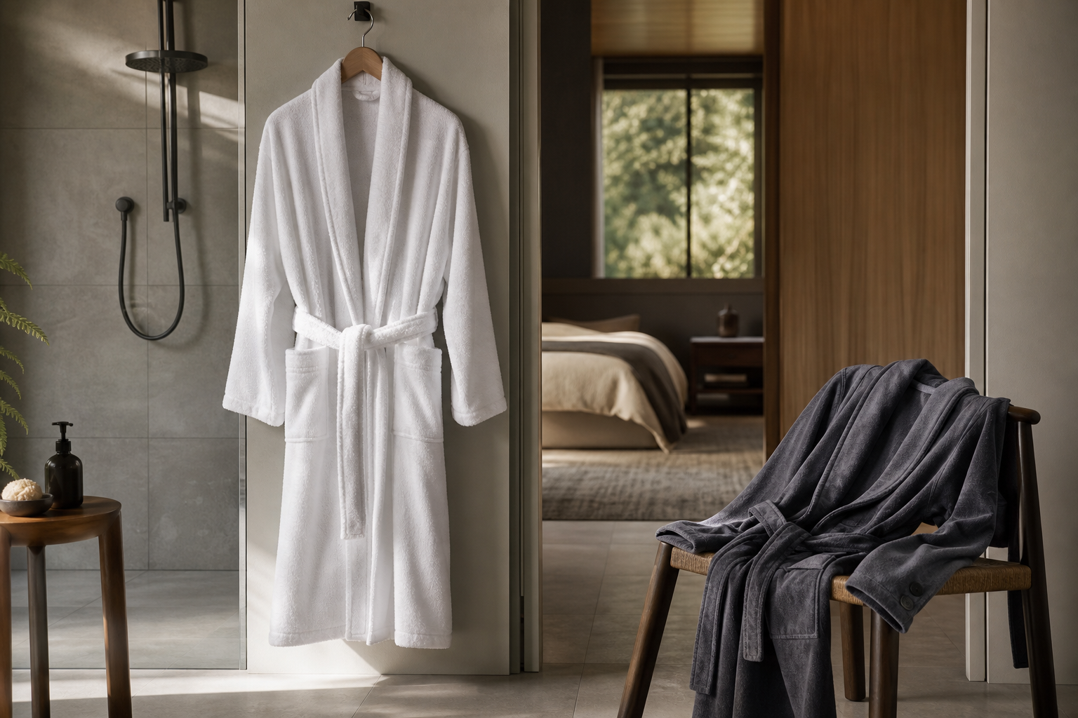 Peignoir absorbant et robe de chambre homme pour distinguer sortie de bain et confort d'intérieur