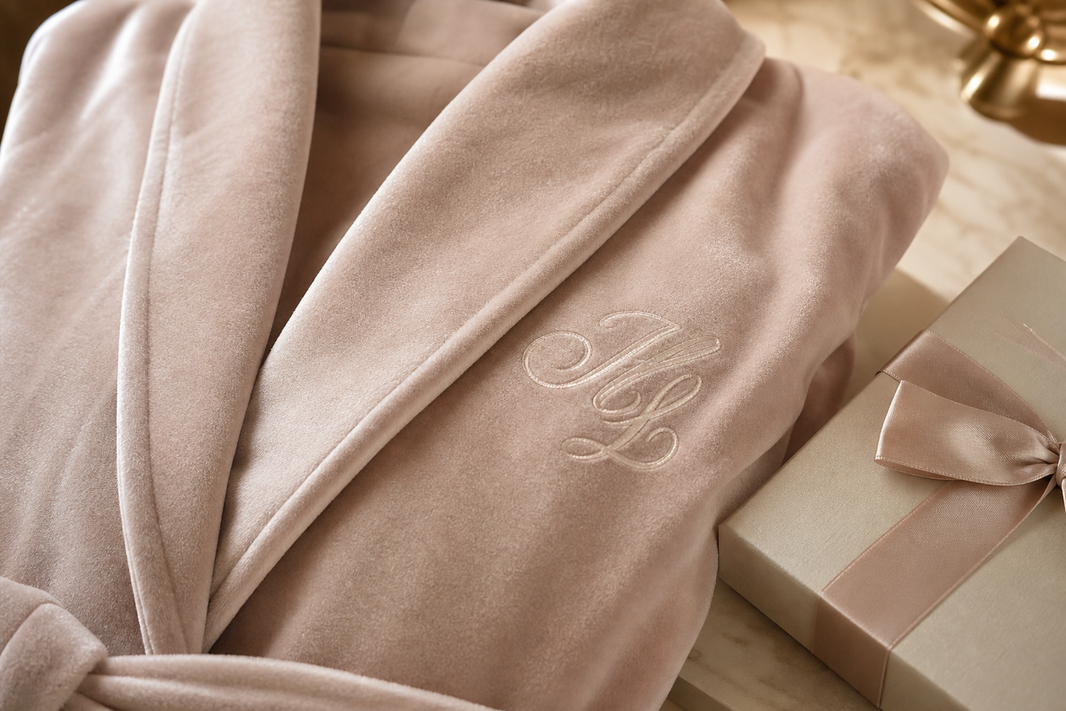 Robe de chambre velours avec broderie discrète pour cadeau personnalisé