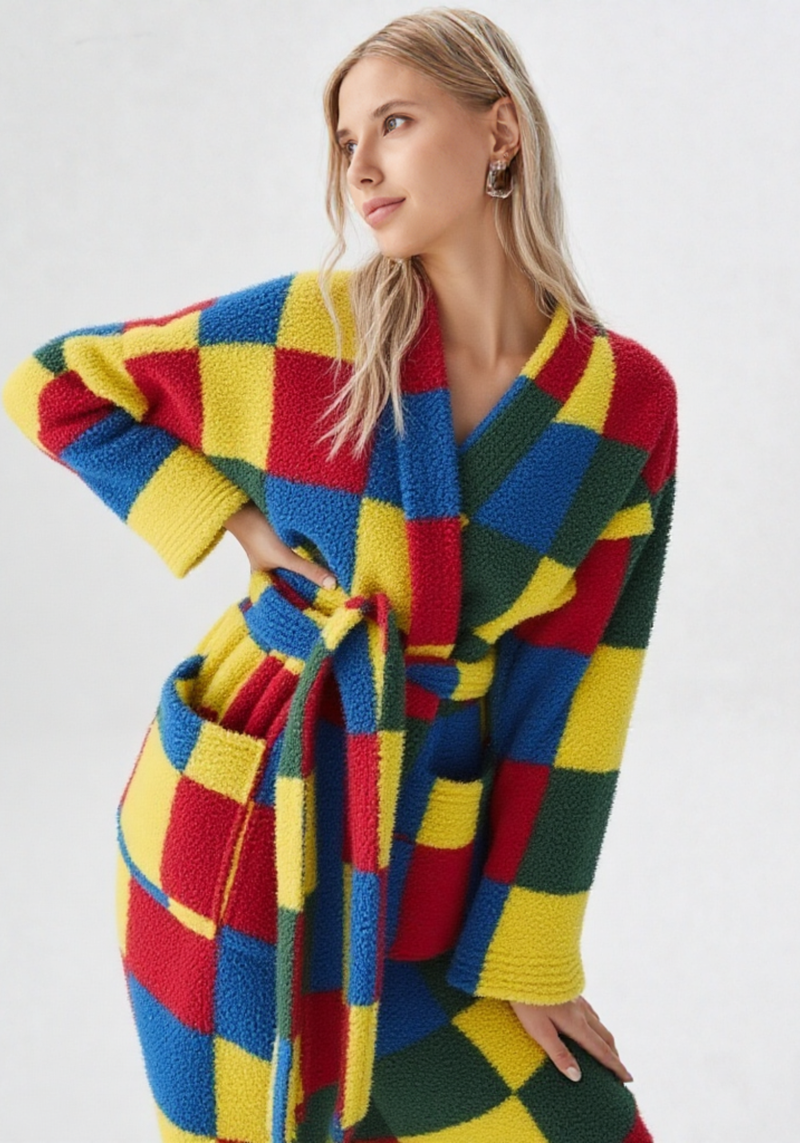 Femme blonde de 3/4 en kimono polaire bouclée à grands carreaux multicolores rouge jaune bleu et vert, col croisé, ceinture et grande poche plaquée