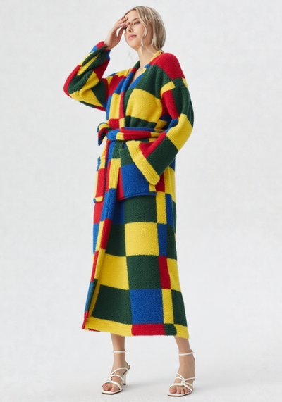 Kimono femme robe de chambre polaire carreaux colorés - vue dos