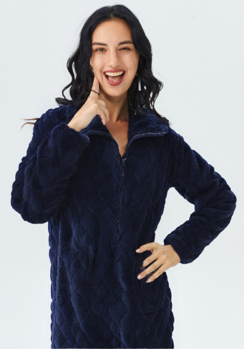 Robe de chambre polaire longue zippée, vue portée, femme, hiver, long, maternite, noir, pilou, polaire, treschaud, uni, zip