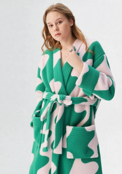 Robe de chambre femme polaire verte sans capuche - vue de dos longue