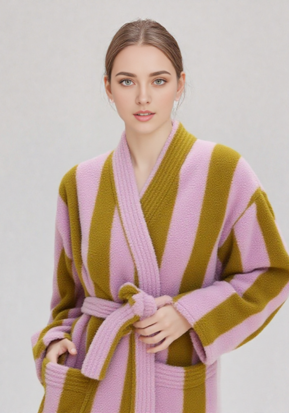 Gros plan buste femme aux yeux bleus portant un kimono polaire rose et kaki, col châle, ceinture rose tenue dans les mains
