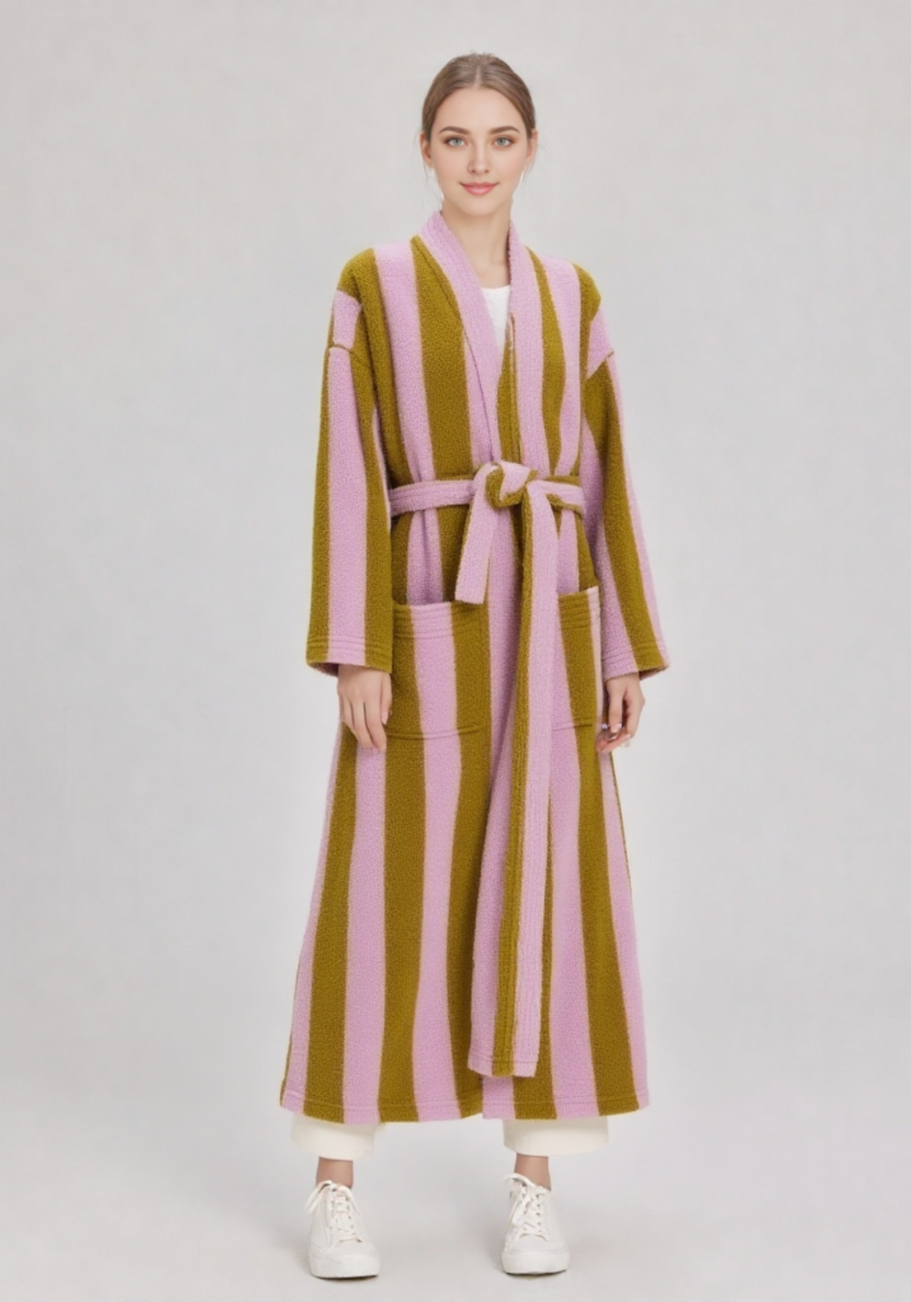 Femme de face en kimono polaire long à rayures rose et kaki, ceinture rose, pantalon blanc en dessous visible, baskets blanches, corps entier