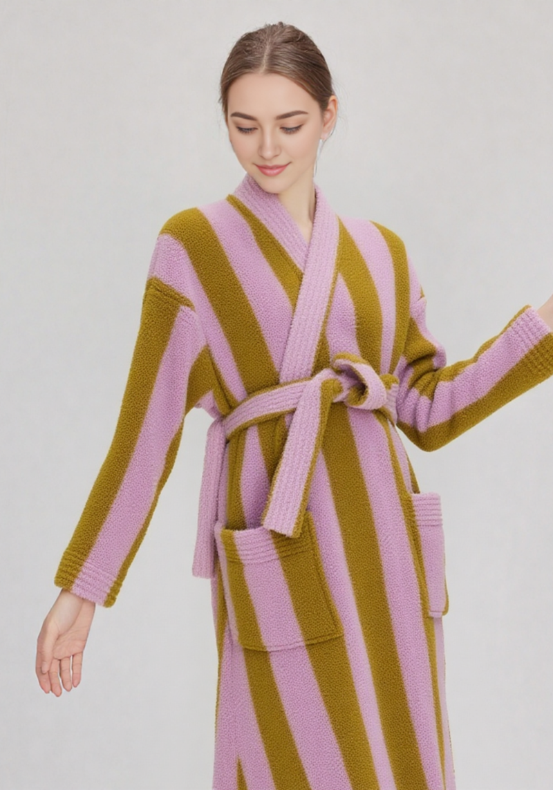 Femme portant un kimono polaire à rayures verticales rose et kaki, col croisé, ceinture rose nouée, deux grandes poches plaquées, style japonais