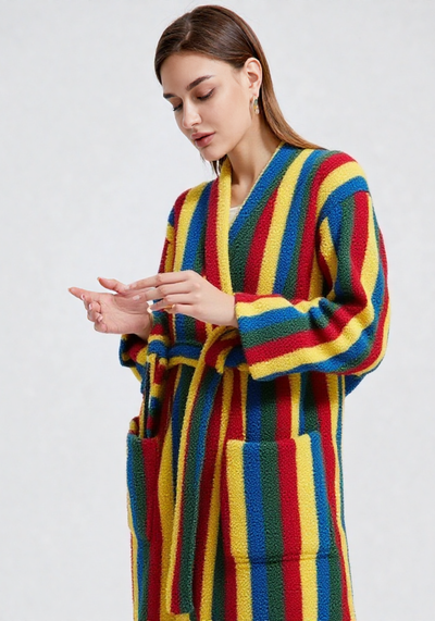 Peignoir polaire femme rayures colorées - vue de côté poches profondes