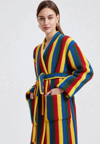 Robe de chambre peignoir polaire femme rayures colorées - chaude et élégante