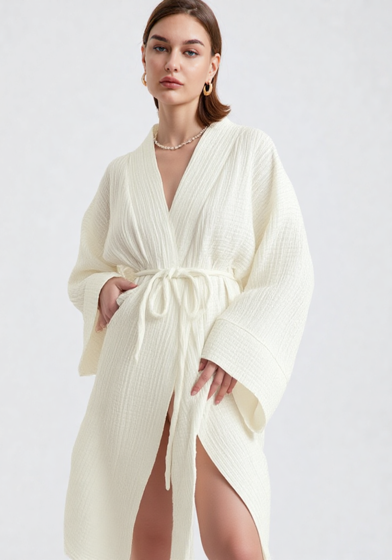 Robe de chambre chic, vue portée, blanc, chic, coton, femme, kimono, leger, long, luxe, uni, été
