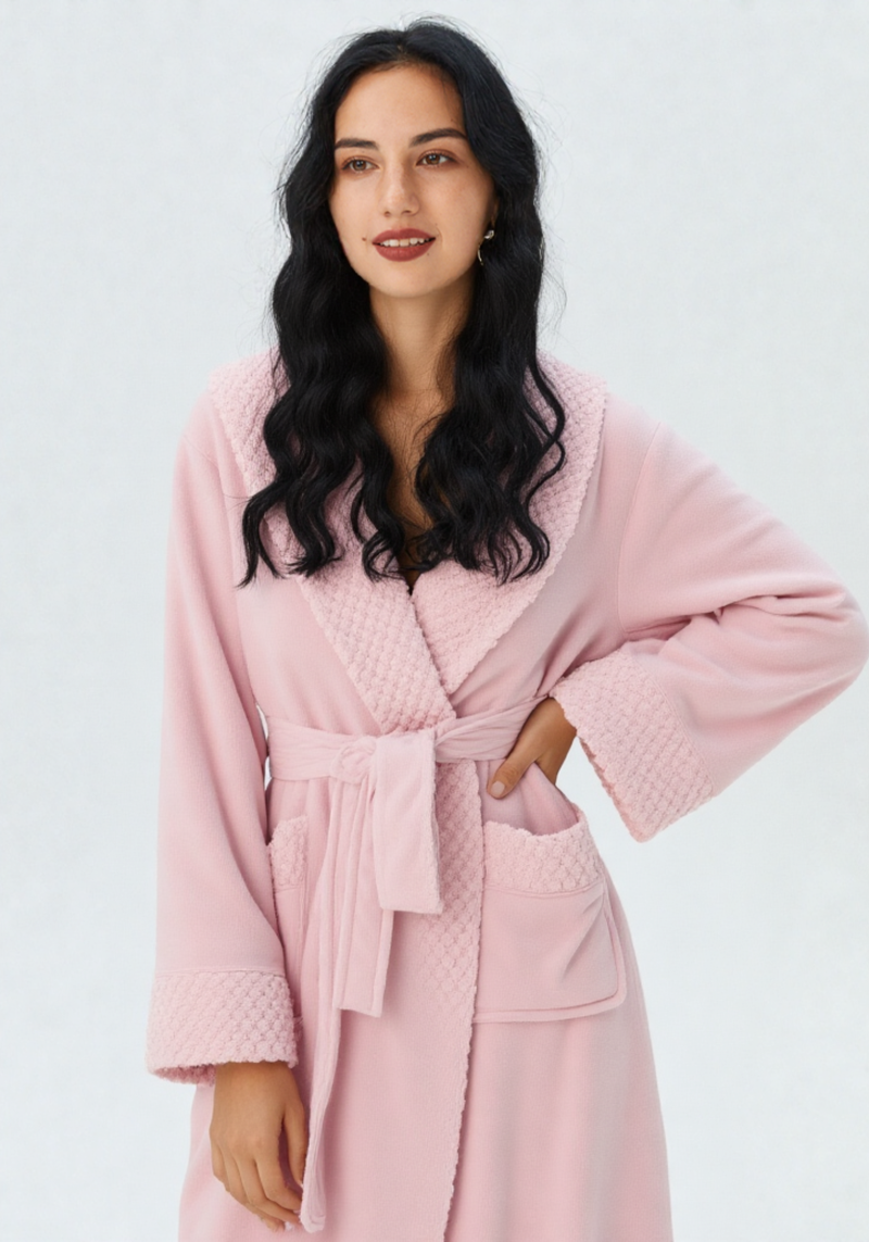Robe de chambre femme polaire personnalisé, vue portée, brodé, chaud, femme, hiver, kimono, long, mrb-exclude-femme-hub, original, personnalise, polaire, rose, uni, été
