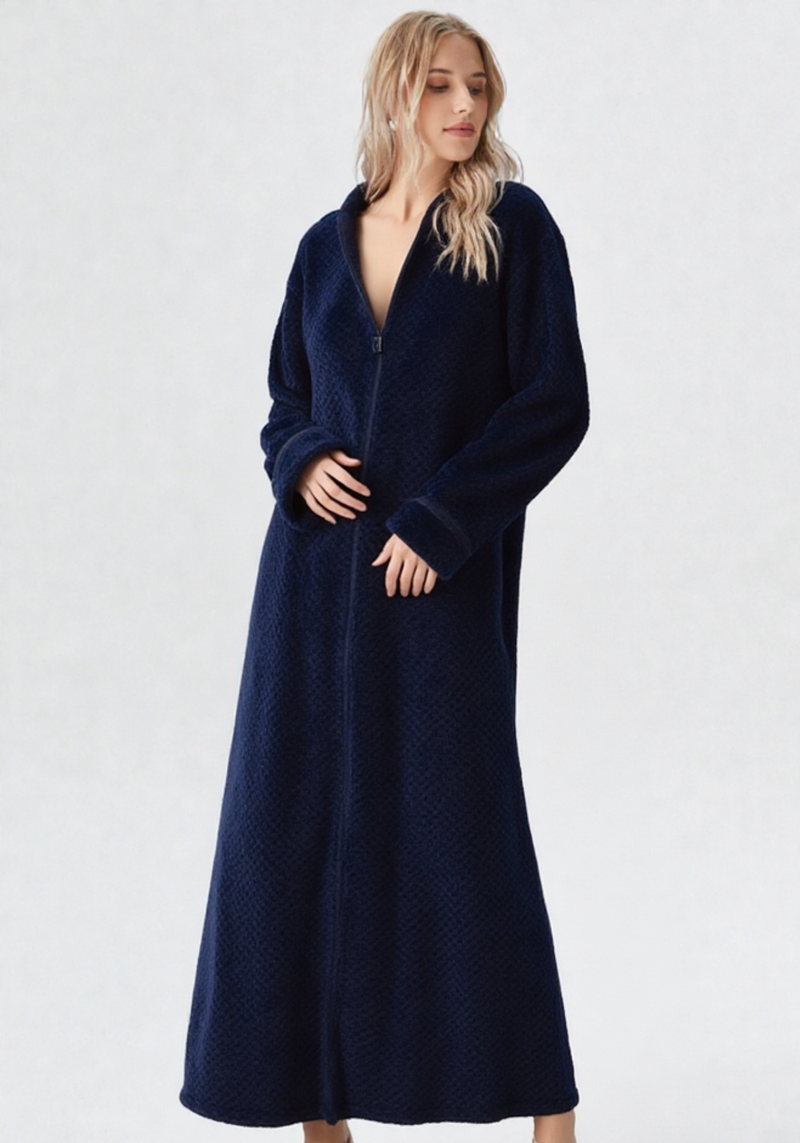 Robe de chambre zippée polaire femme, vue portée, bleu, chaud, femme, fermeture, hiver, long, maternite, pilou, polaire, uni, zip