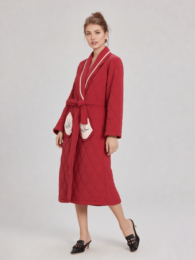 Belle robe de chambre chaude femme, vue portée, chaud, chic, femme, grandetaille, kimono, long, luxe, matelasse, polaire, rose, treschaud, uni, velour