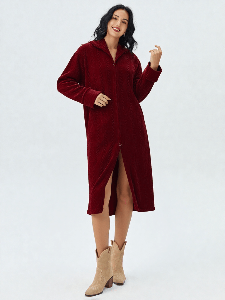 Détail matière et finitions, longue robe de chambre femme