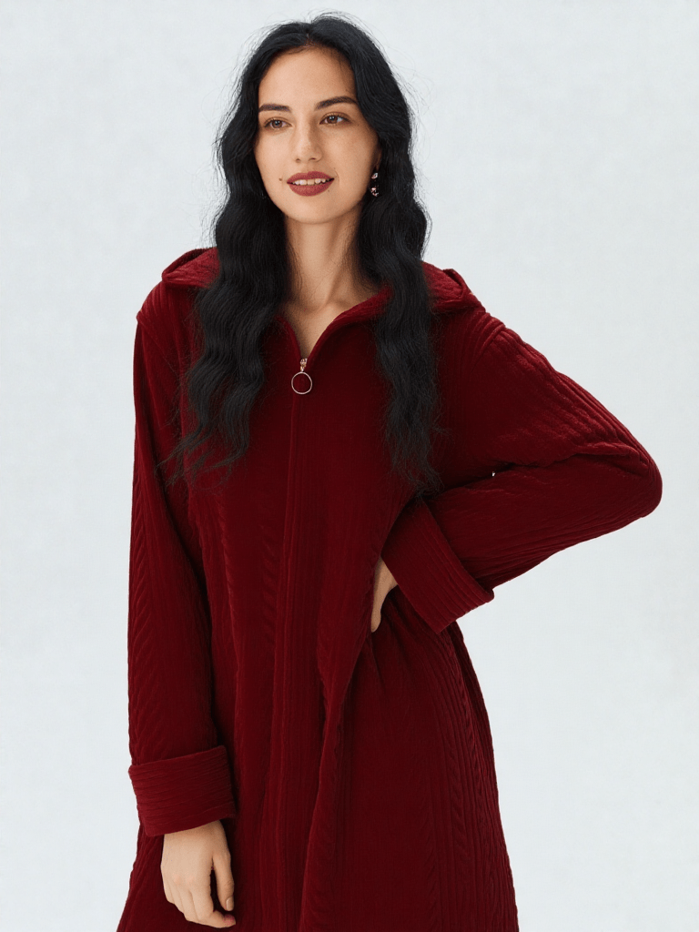Longue robe de chambre femme, vue portée, capuche, chaud, femme, fermeture, hiver, long, maternite, pilou, polaire, rouge, uni, zip