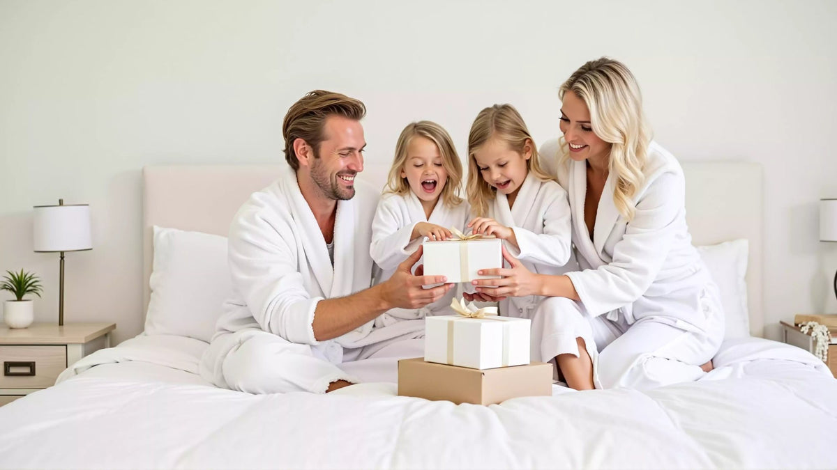 Famille en robe de chambre blanche qui ouvre des cadeaux sur un lit