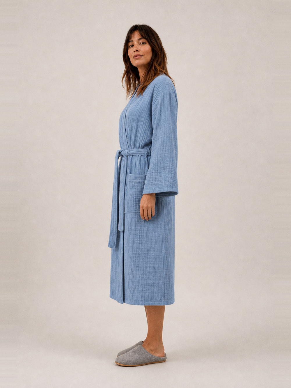 Peignoir coton léger femme – longueur portée de profil