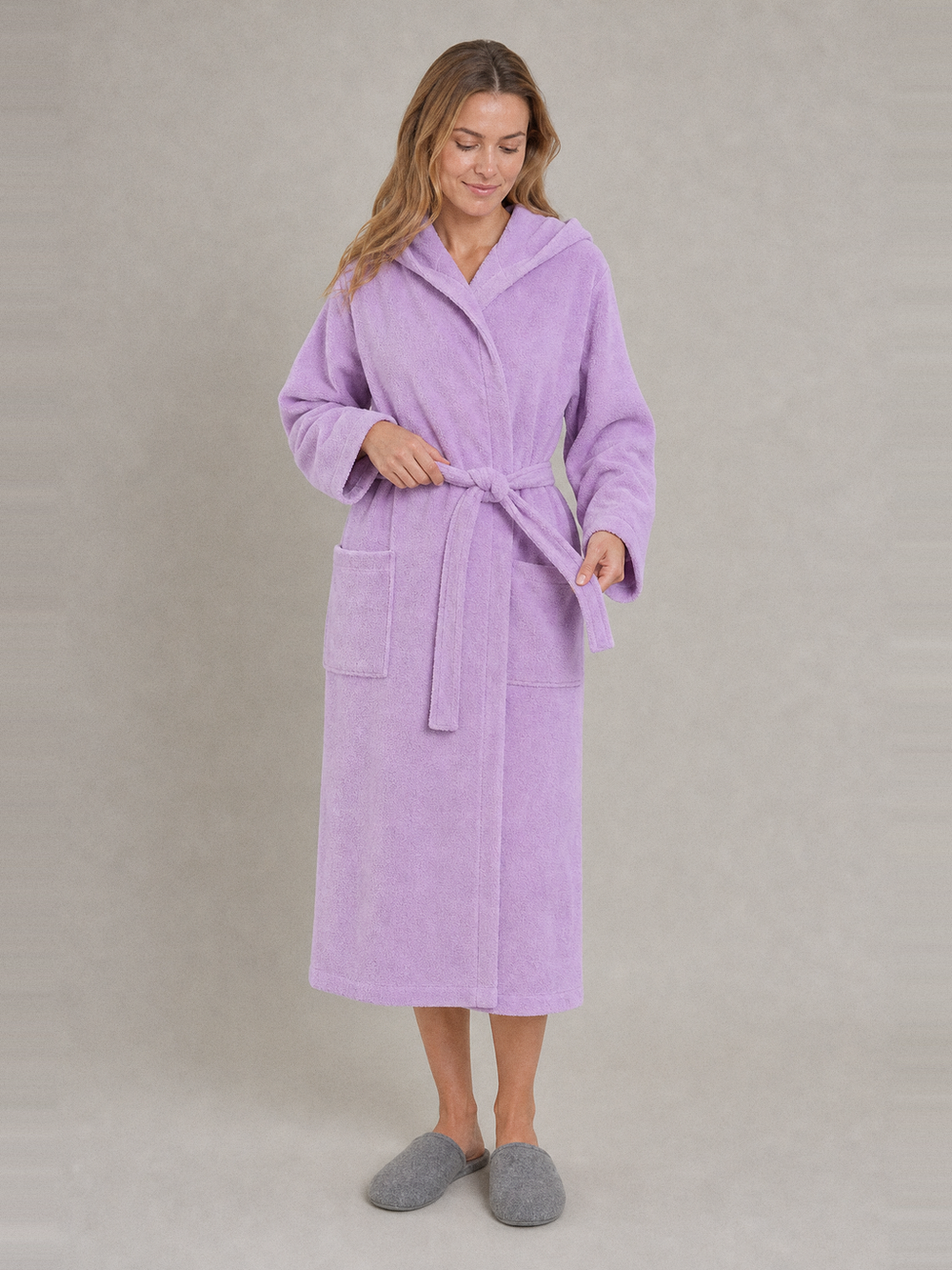Peignoir éponge femme avec capuche – ceinture et poches