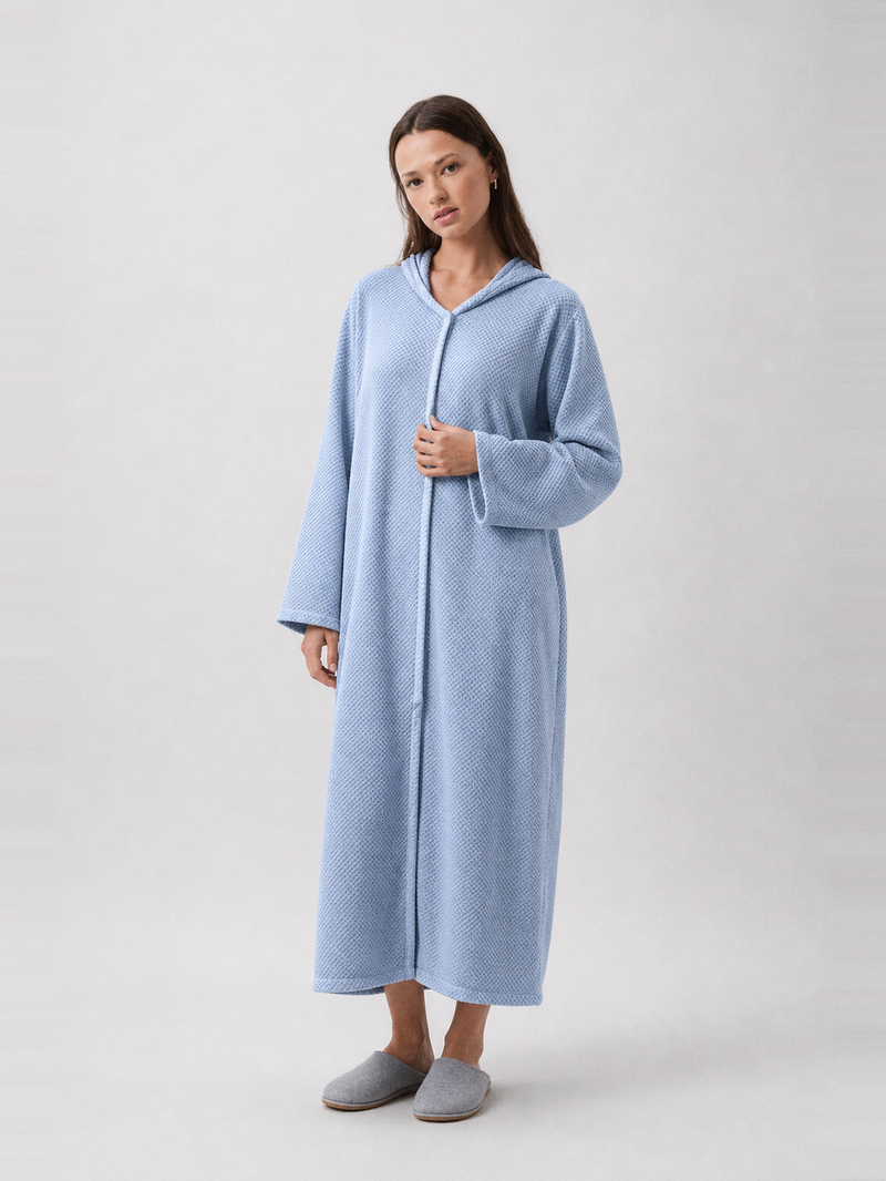 Peignoir éponge zippé femme – portée de face