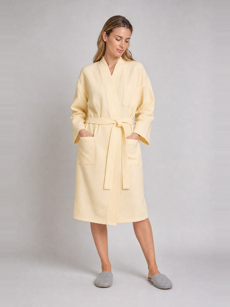 Peignoir femme coton nid d'abeille – portée de face