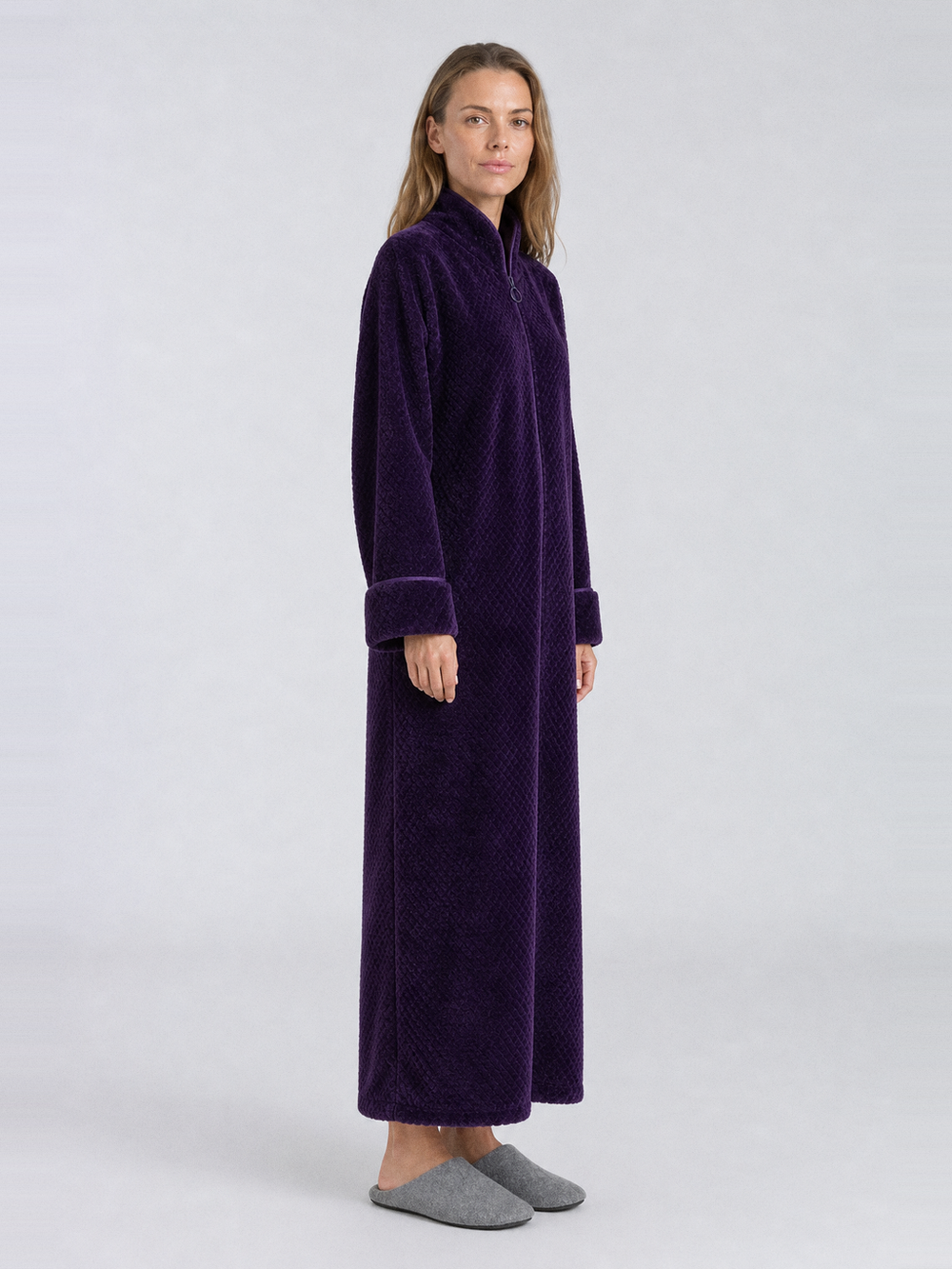 Peignoir femme polaire zippé – longueur portée de profil