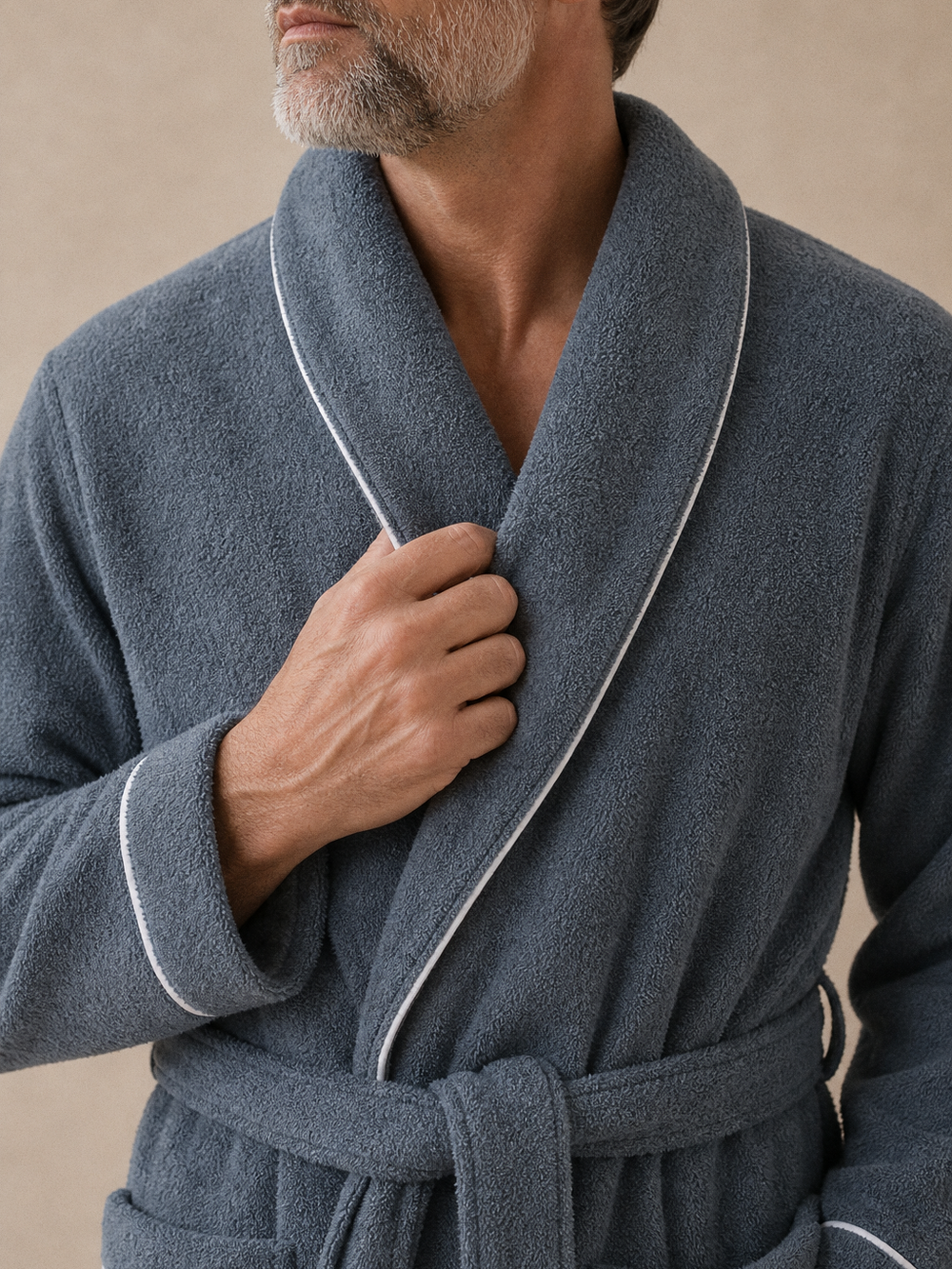 Peignoir homme bleu canard – gros plan matière