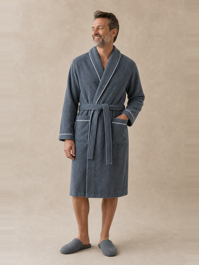 Peignoir homme bleu canard – portée de face