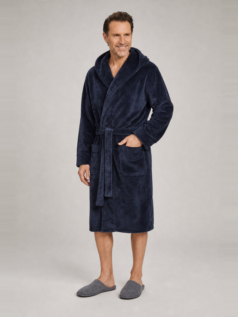 Peignoir homme polaire capuche – portée de face