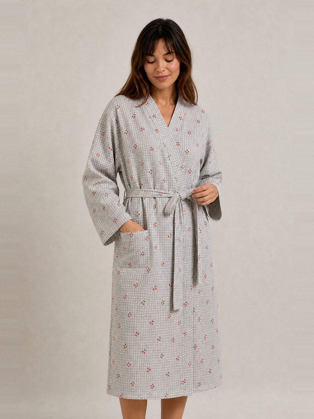 Peignoir kimono coton femme – ceinture et poches