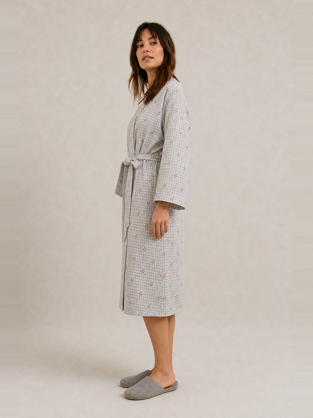 Peignoir kimono coton femme – longueur portée de profil