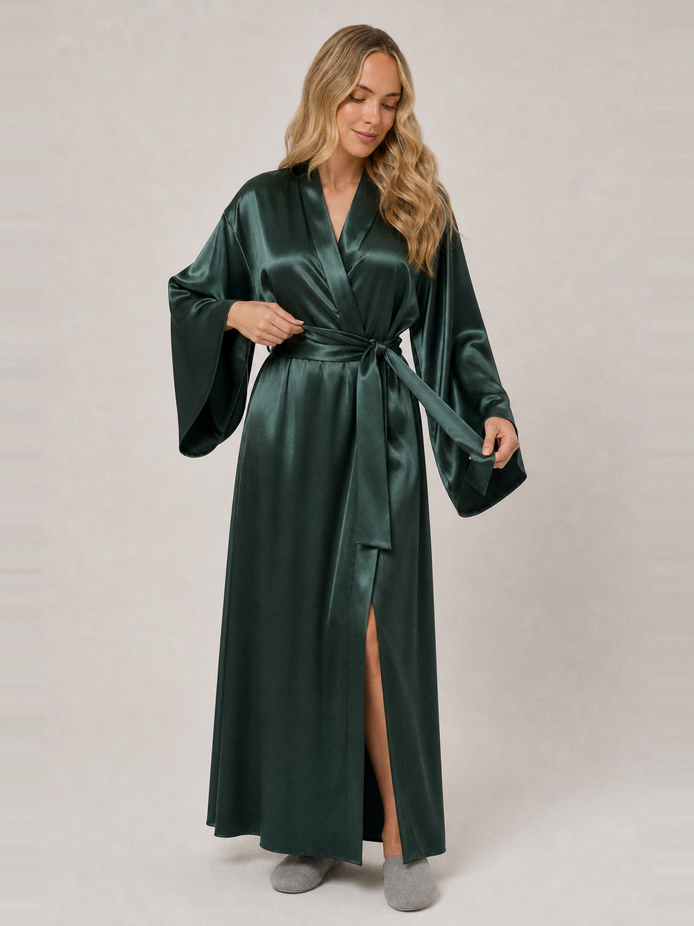 Peignoir kimono femme en satin long – ceinture et poches