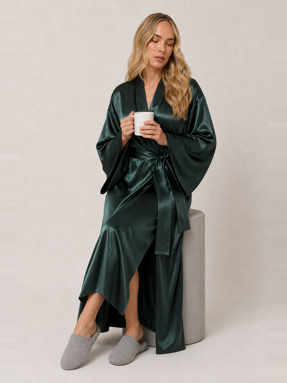 Peignoir kimono femme en satin long – portée assise