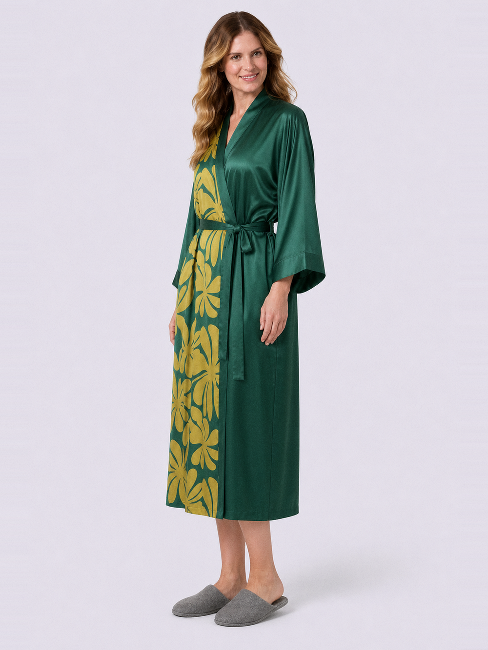 Peignoir kimono femme long – longueur portée de profil