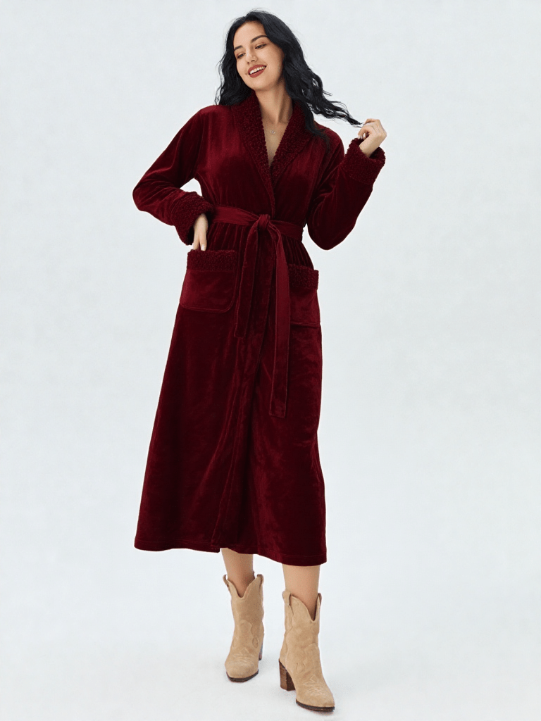 Polaire robe de chambre femme, vue portée, chaud, femme, hiver, long, pilou, polaire, rouge, uni, velour
