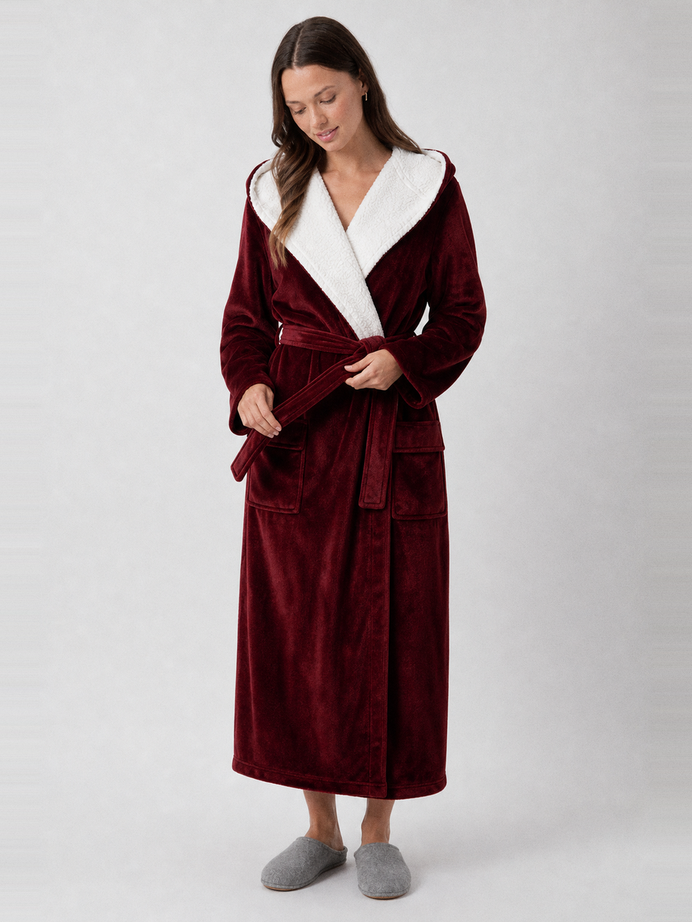 Robe de chambre bordeaux femme – ceinture et poches