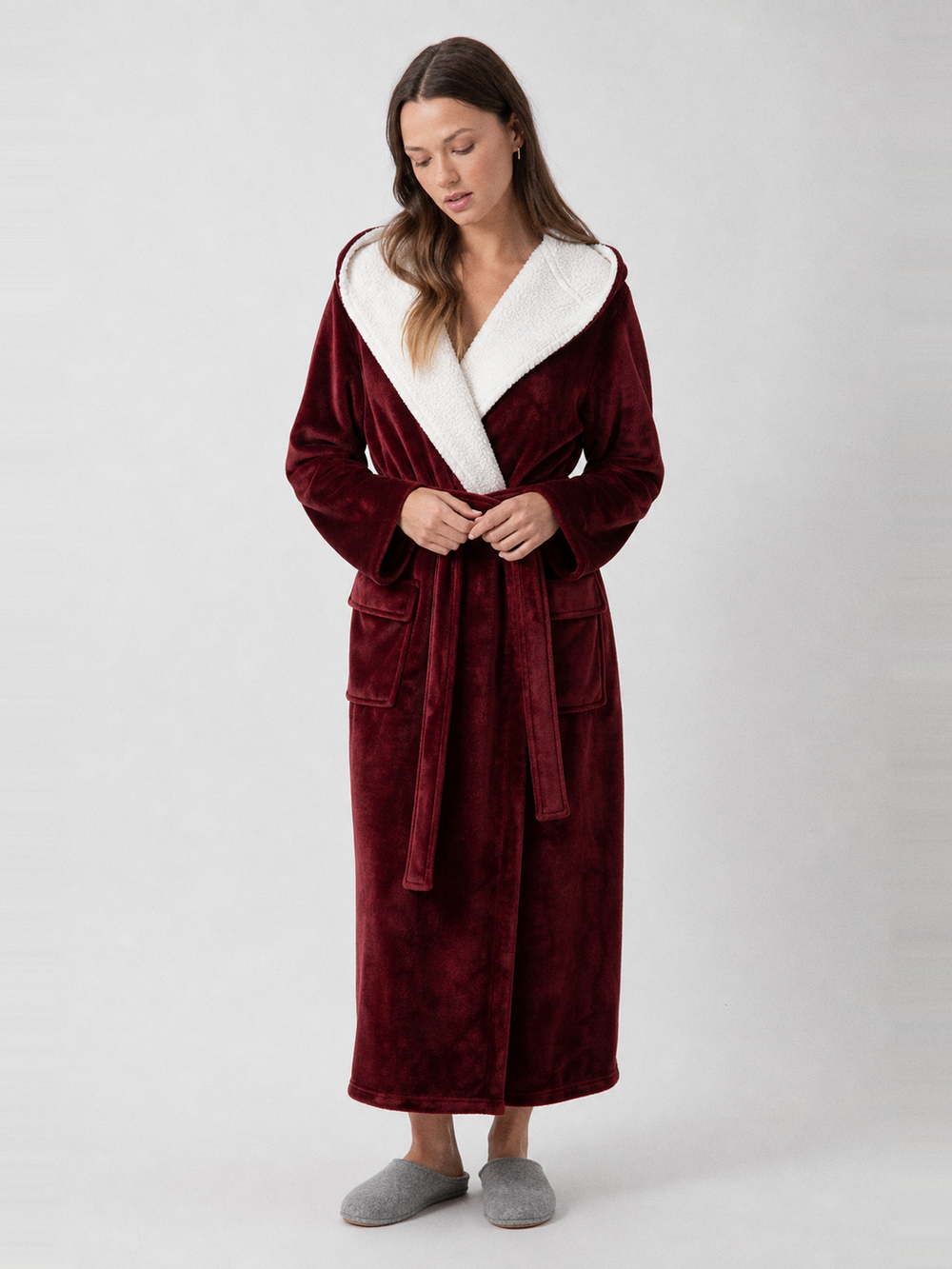 Robe de chambre bordeaux femme – portée de face