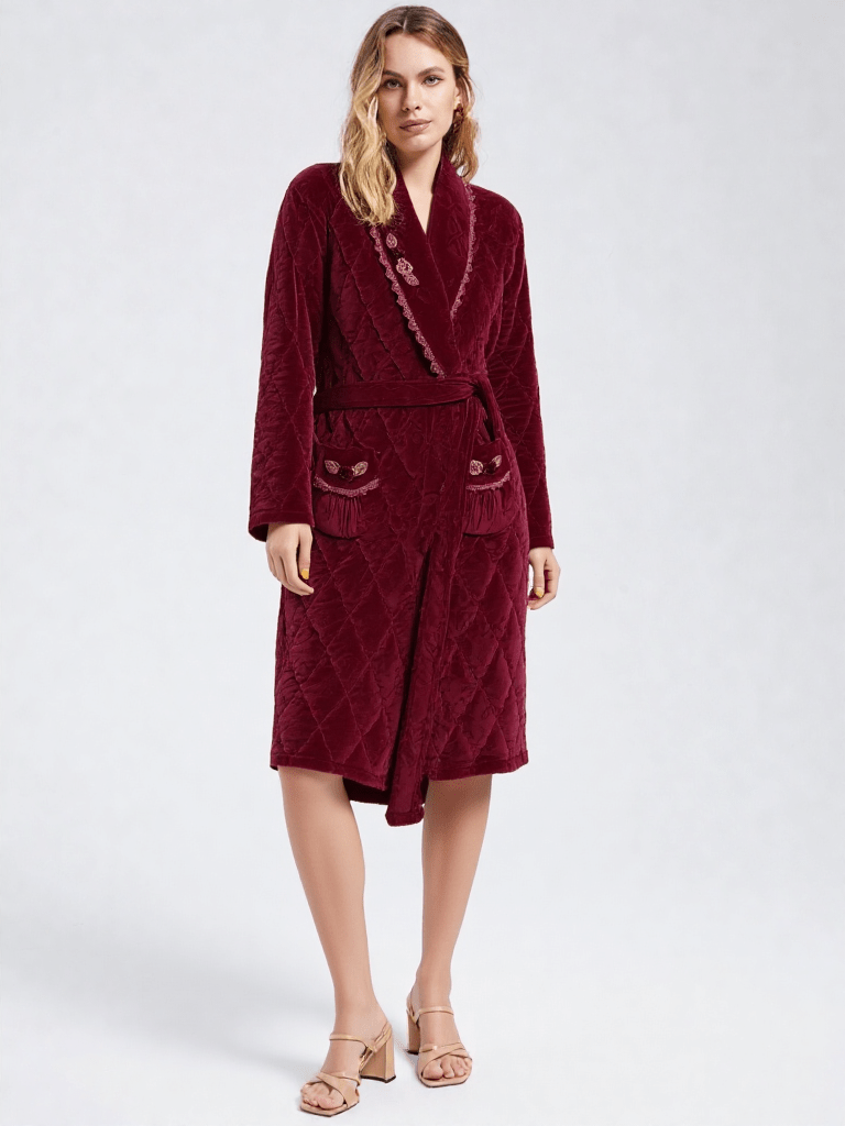 Robe de chambre chic et chaude, vue portée, chaud, chic, femme, grandetaille, kimono, long, luxe, matelasse, polaire, treschaud, uni, velour