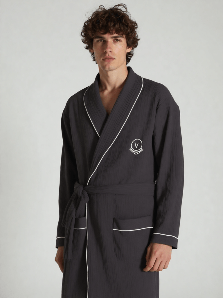 Robe de chambre courte homme chaude, vue portée, chic, coton, court, grandetaille, homme, kimono, leger, noir, uni, été