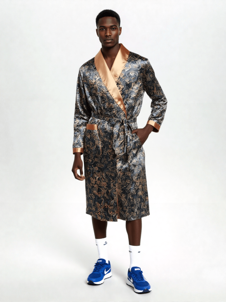 Robe de chambre courte homme luxe, vue portée, bleu, homme, kimono, leger, long, luxe, motif, satin, soie, vintage, été