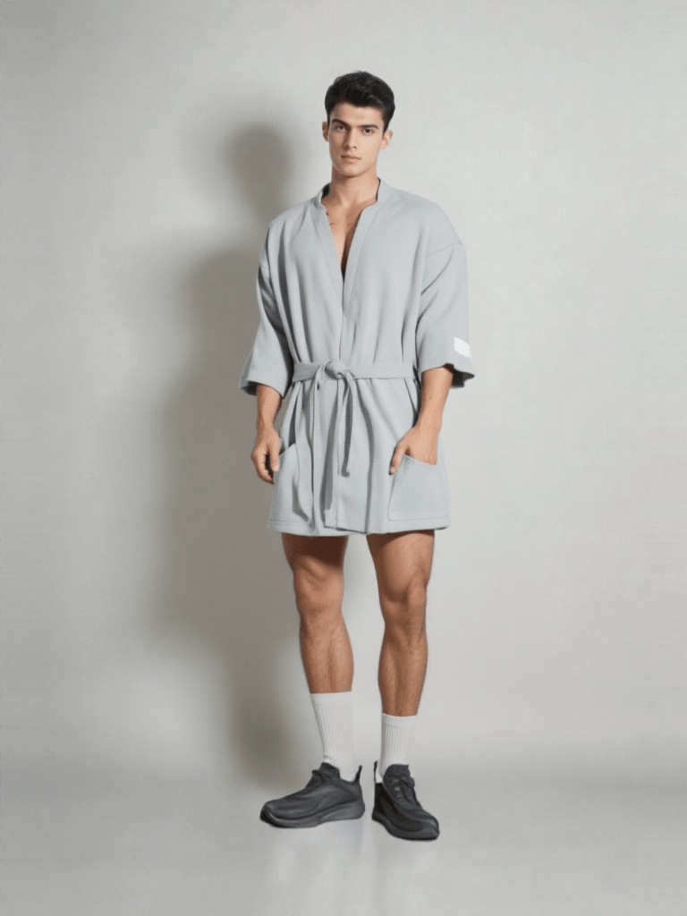 Robe de chambre courte homme polaire, vue portée, coton, court, homme, kimono, leger, uni, été