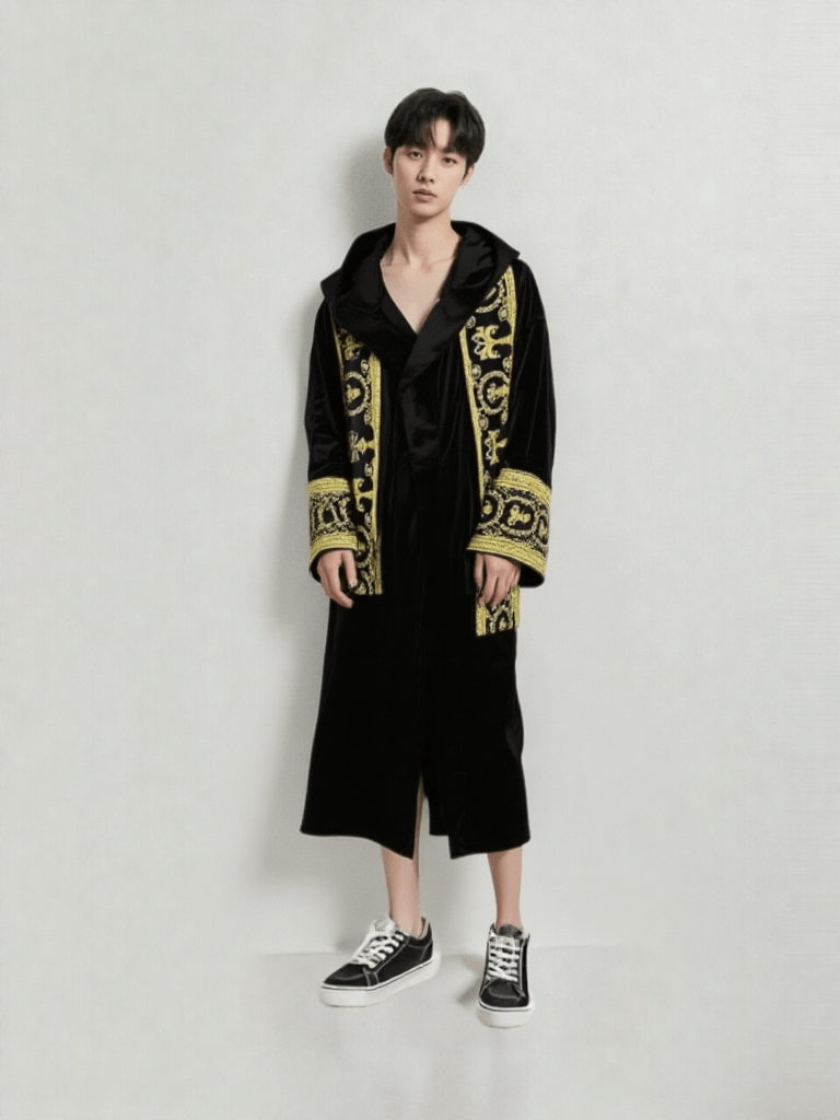 Robe de chambre de luxe pour homme, vue portée, capuche, chic, coton, homme, kimono, long, luxe, motif, noir, original, été