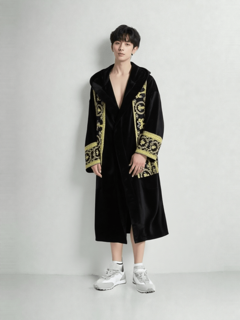 Détail matière et finitions, robe de chambre de luxe pour homme