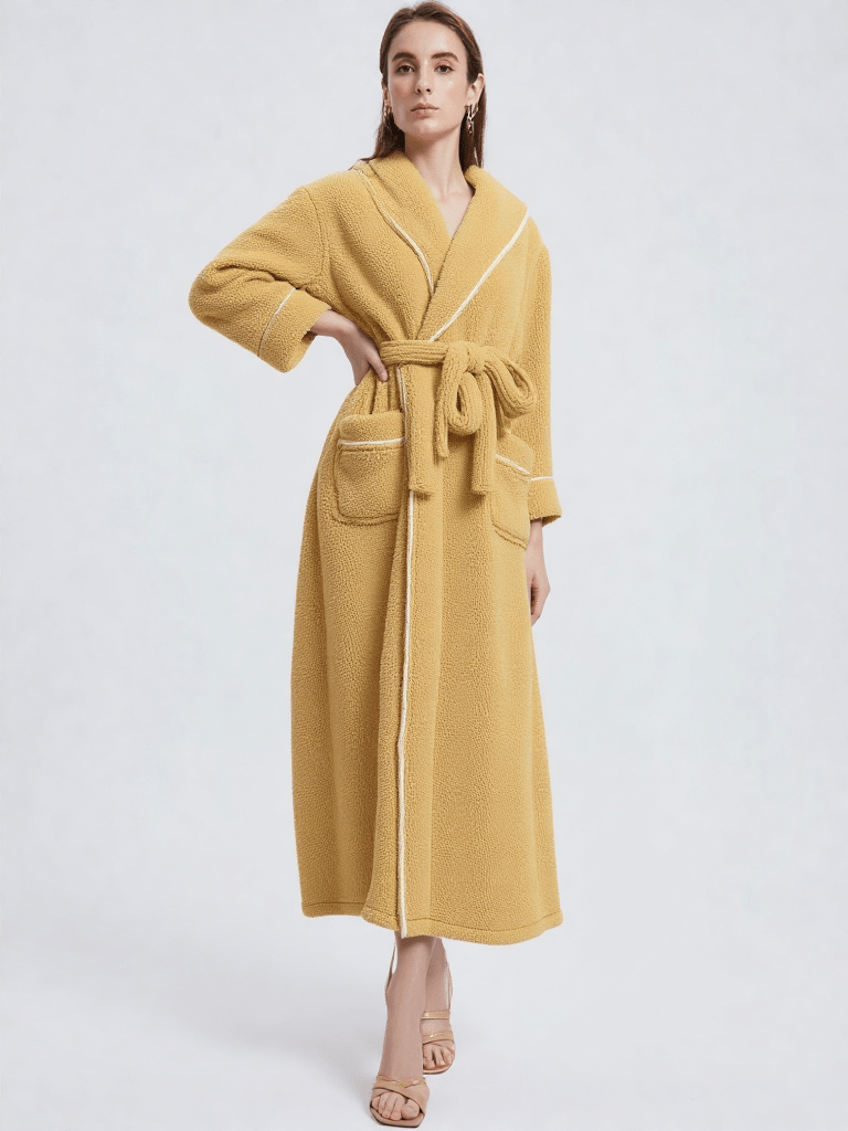 Robe de chambre d'hiver pour femme, vue portée, chaud, couple, femme, grandetaille, hiver, laine, long, luxe, mrb-exclude-femme-hub, orange, pilou, polaire, uni