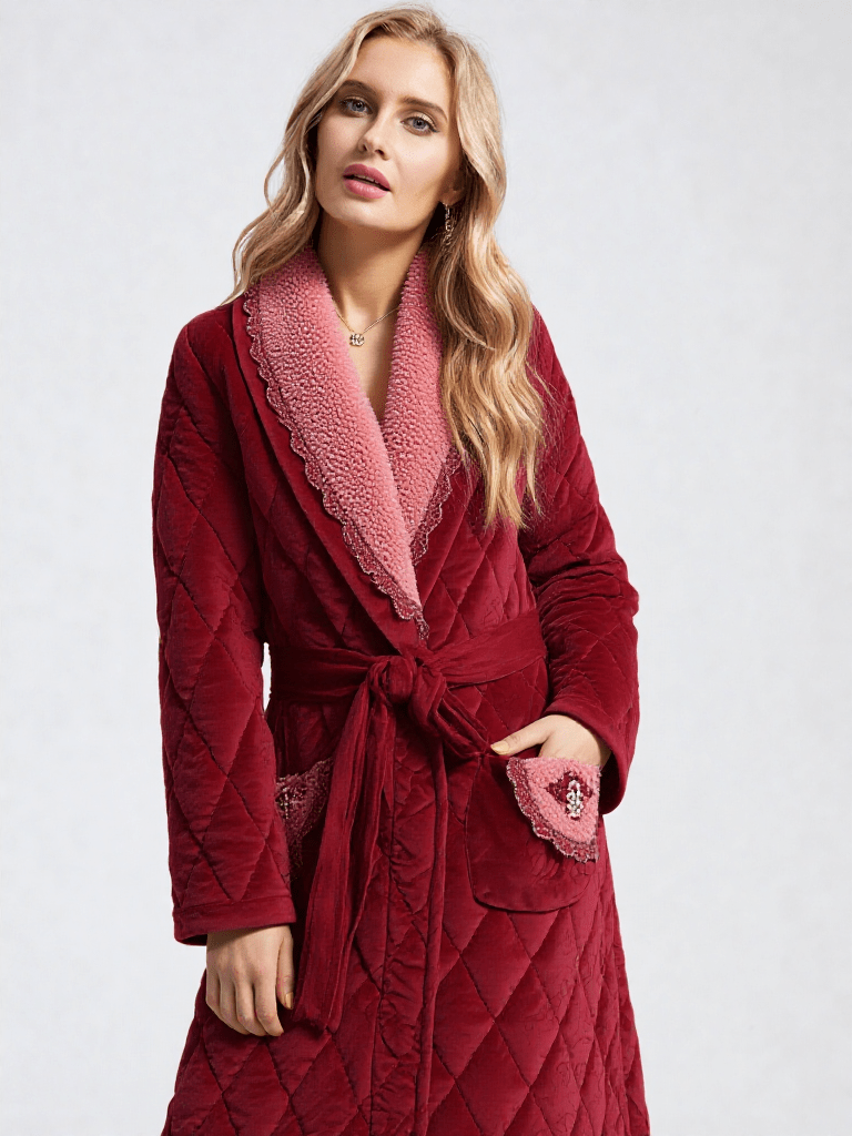 Robe de chambre douillette matelassée, vue portée, chaud, chic, femme, grandetaille, kimono, long, luxe, matelasse, polaire, rouge, treschaud, uni, velour