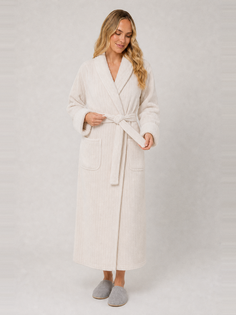 Robe de chambre écru femme – ceinture et poches