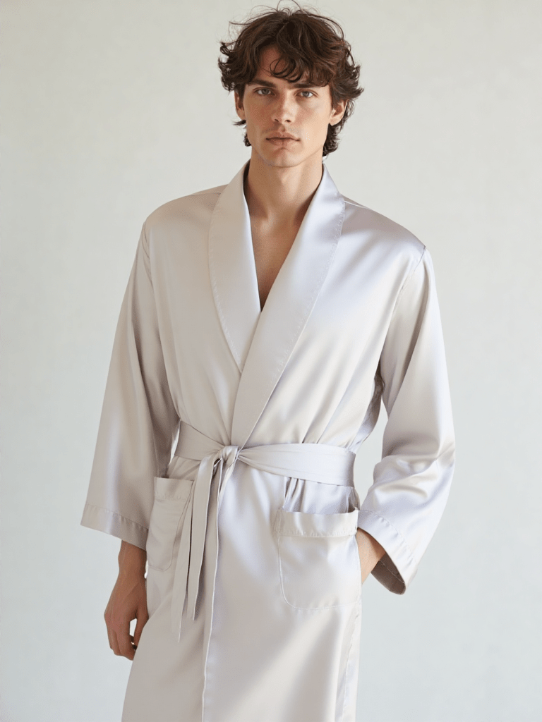 Robe de chambre en satin pour homme, vue portée, grandetaille, gris, homme, kimono, leger, long, satin, uni, été
