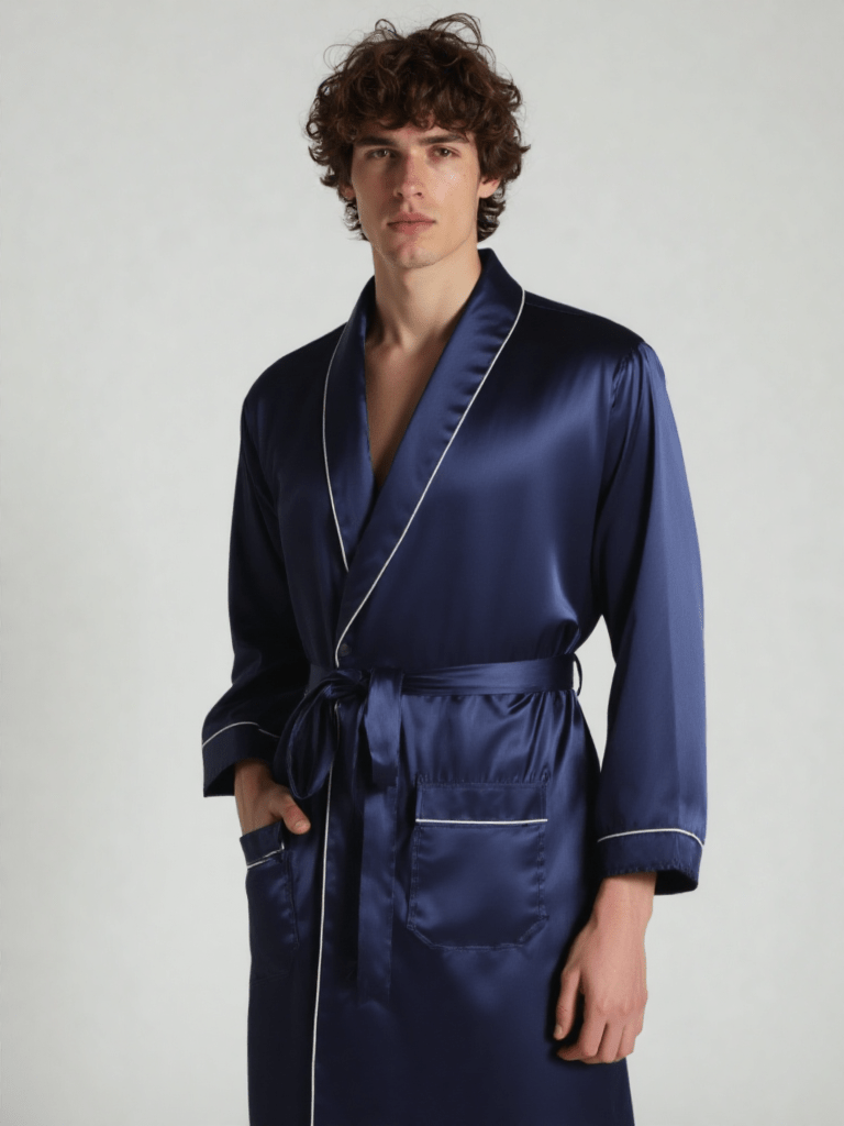 Robe de chambre en soie homme luxe, vue portée, bleu, grandetaille, homme, kimono, leger, long, satin, uni, été