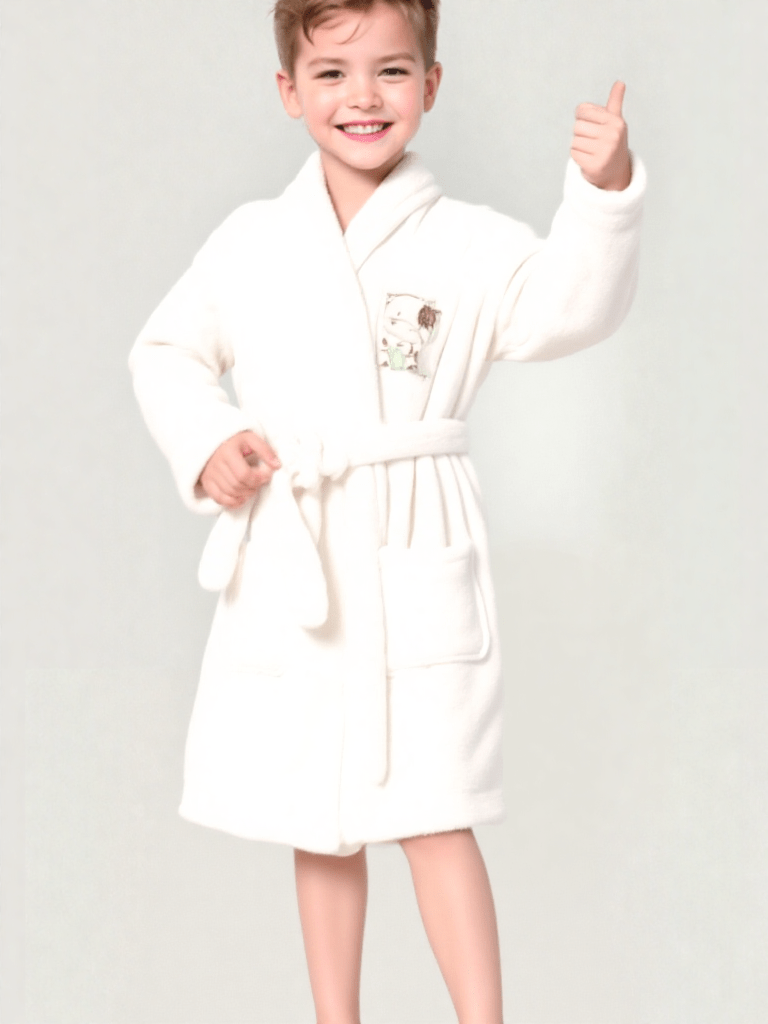 Robe de chambre enfant 3 ans, vue portée, 10ans, 12ans, 14ans, 8ans, ado, blanc, chaud, enfant, eponge, fille, garcon, kimono, polaire