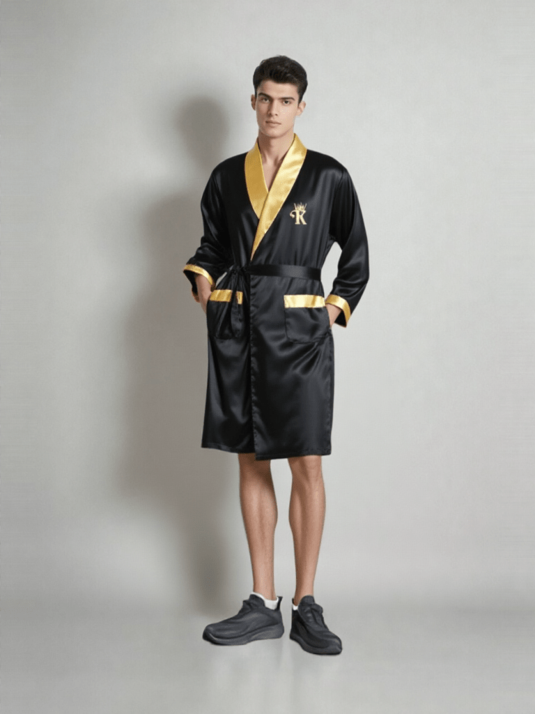 Robe de chambre été homme, vue portée, court, homme, kimono, leger, motif, noir, satin, été